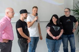 Torsten Semmler, Daniel Hauber, Stefan Beier, Katharina Kislewski und Dirk Schumacher auf dem Babba Business Day 2019 in Großostheim